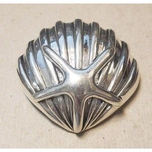 MJ Signed Vintage Starfish Shell Brooch Pendant Pin Silver Domed Beach Sea Clam